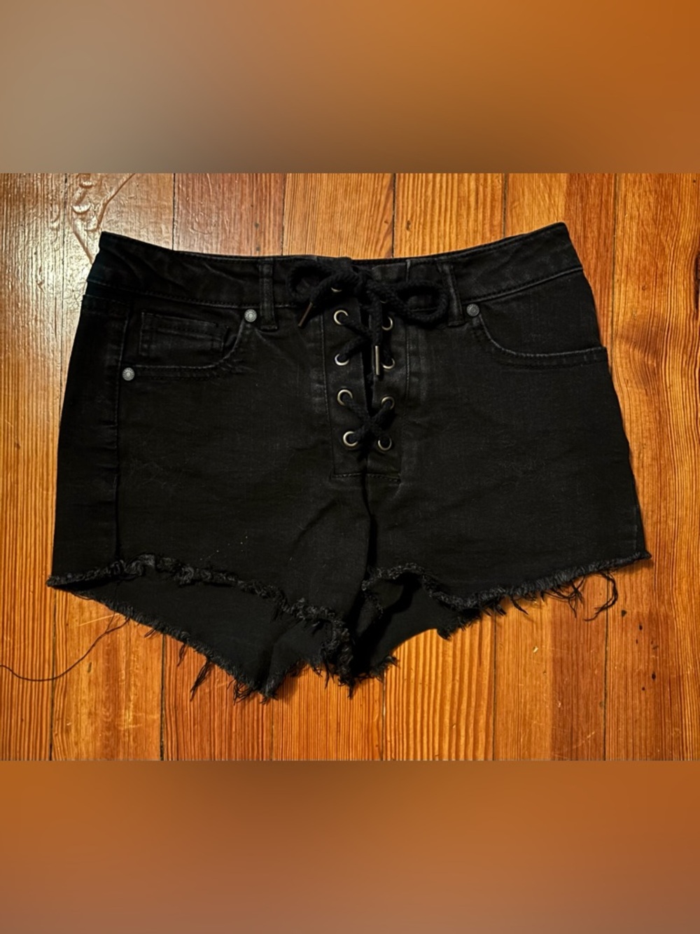 Black Lace-Up Frayed Hem Denim Shorts